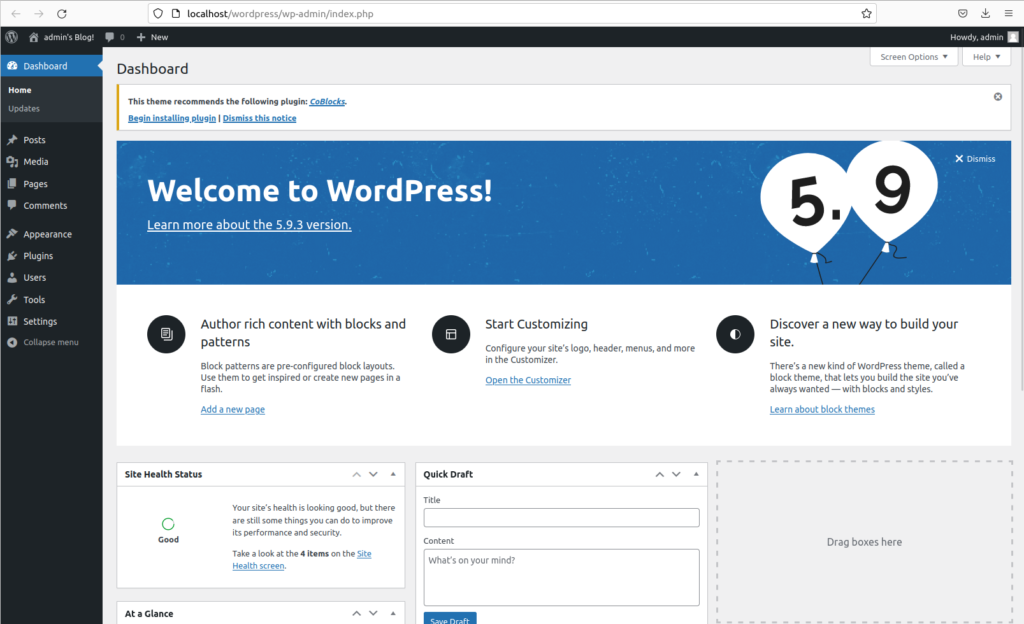 Úvodní stránka WordPress
